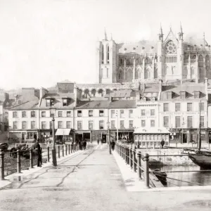 St Colman's Cathedral rising above the Cobh waterfront, sepia print