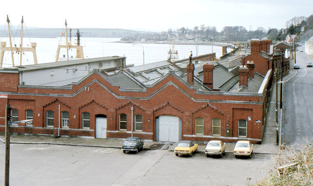 Red brick railway sheds along Cobh waterfront