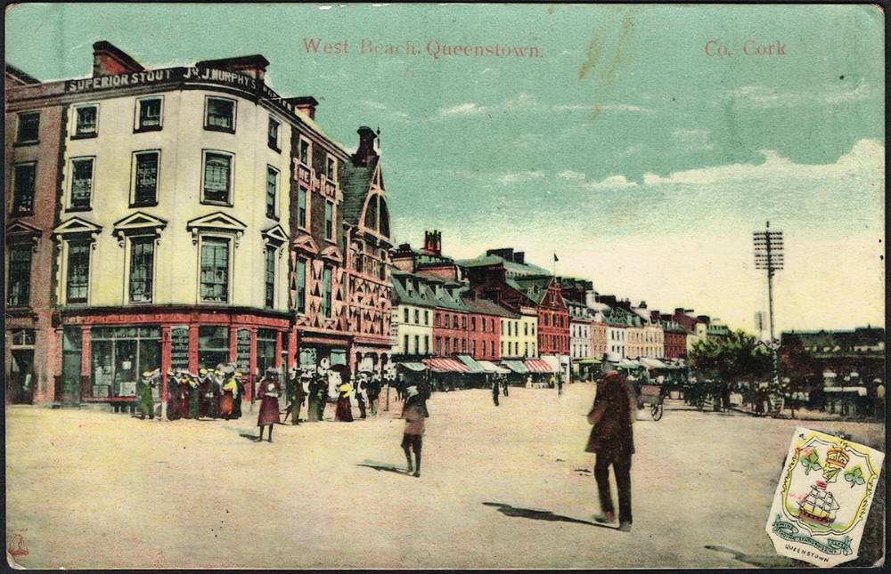 Hand-tinted postcard of West Beach, Queenstown with strolling figures